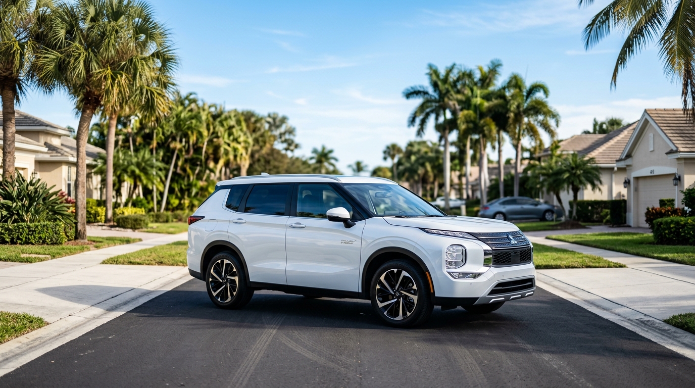 White Mitsubishi Outlander SUV parked on a paved street in a sunny, palm tree-lined residential neighborhood. (Representative image for illustration purposes only. Actual vehicle may vary based on trim and configuration.)