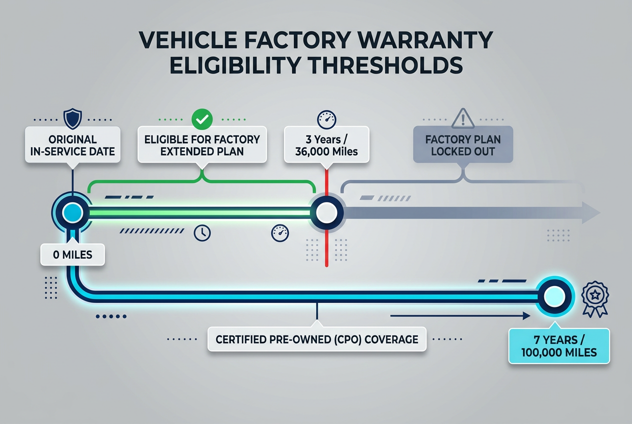 Infographic showing vehicle factory warranty eligibility thresholds, CPO coverage, and extended plan timeframes. (Representative image for illustration purposes only. Actual vehicle may vary based on trim and configuration.)