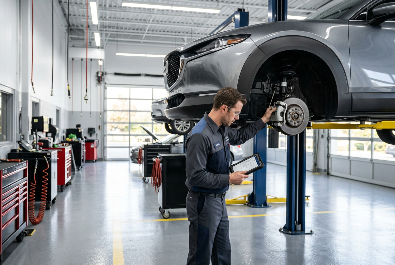 Auto technician holding a tablet while inspecting the front brake assembly of a grey car on a lift. (Representative image for illustration purposes only. Actual vehicle may vary based on trim and configuration.)