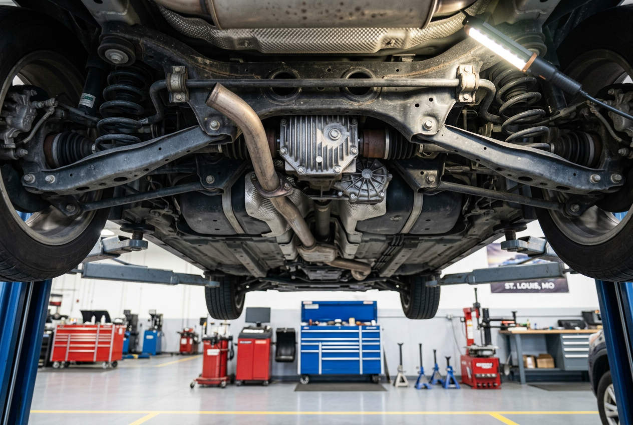 Undercarriage of a vehicle raised on a hydraulic lift inside a brightly lit auto repair shop. (Representative image for illustration purposes only. Actual vehicle may vary based on trim and configuration.)
