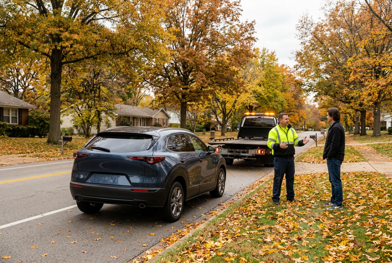 A tow truck driver in a bright safety jacket speaks with a motorist next to a blue SUV on a leaf-covered street. (Representative image for illustration purposes only. Actual vehicle may vary based on trim and configuration.)