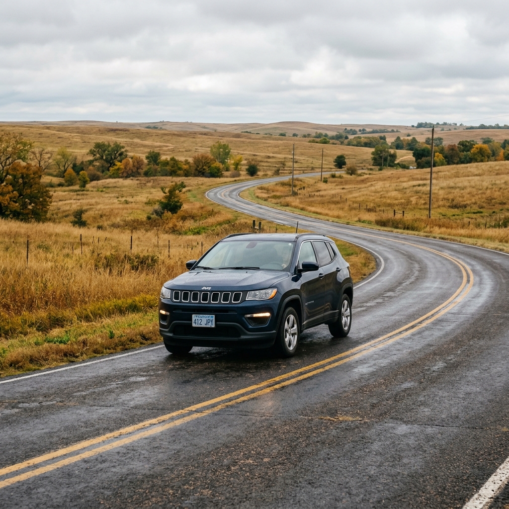 Dark blue Jeep SUV driving along a wet, winding countryside road through autumn hills under cloudy skies. (Representative image for illustration purposes only. Actual vehicle may vary based on trim and configuration.)