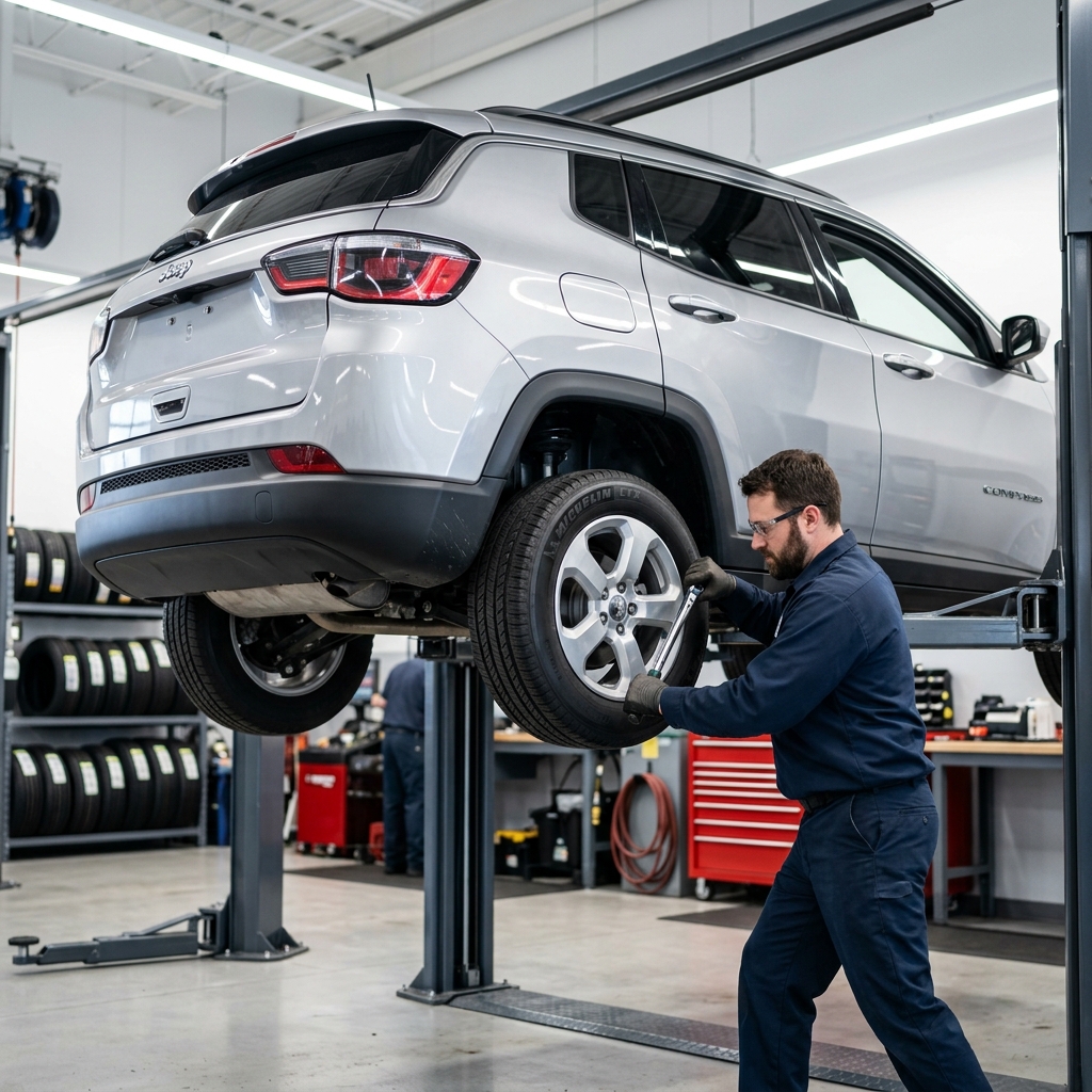 A mechanic using a wrench to secure a wheel on a silver SUV raised on a car lift in an auto repair shop. (Representative image for illustration purposes only. Actual vehicle may vary based on trim and configuration.)