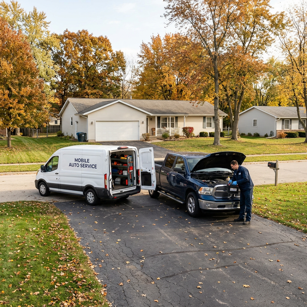 Mobile auto service mechanic replacing a battery in a blue pickup truck on a suburban driveway during fall. (Representative image for illustration purposes only. Actual vehicle may vary based on trim and configuration.)