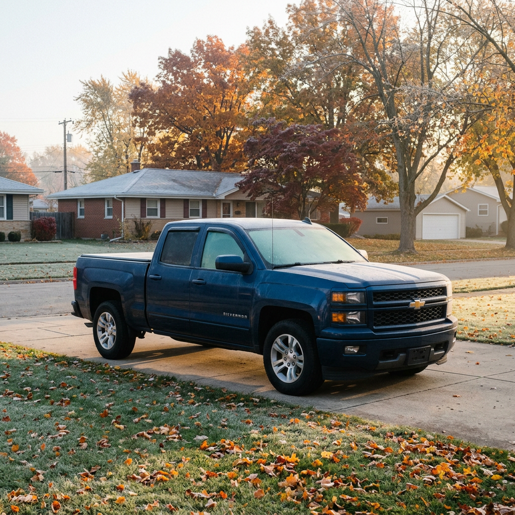 Dark blue Chevy Silverado truck parked on a driveway on a frosty autumn morning with fallen leaves. (Representative image for illustration purposes only. Actual vehicle may vary based on trim and configuration.)