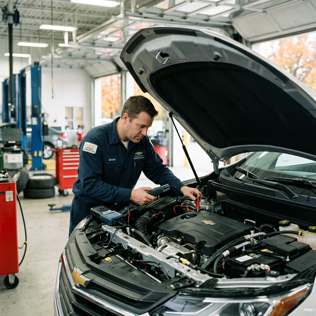 Auto mechanic testing engine components under the open hood of a white Chevrolet in a service bay. (Representative image for illustration purposes only. Actual vehicle may vary based on trim and configuration.)