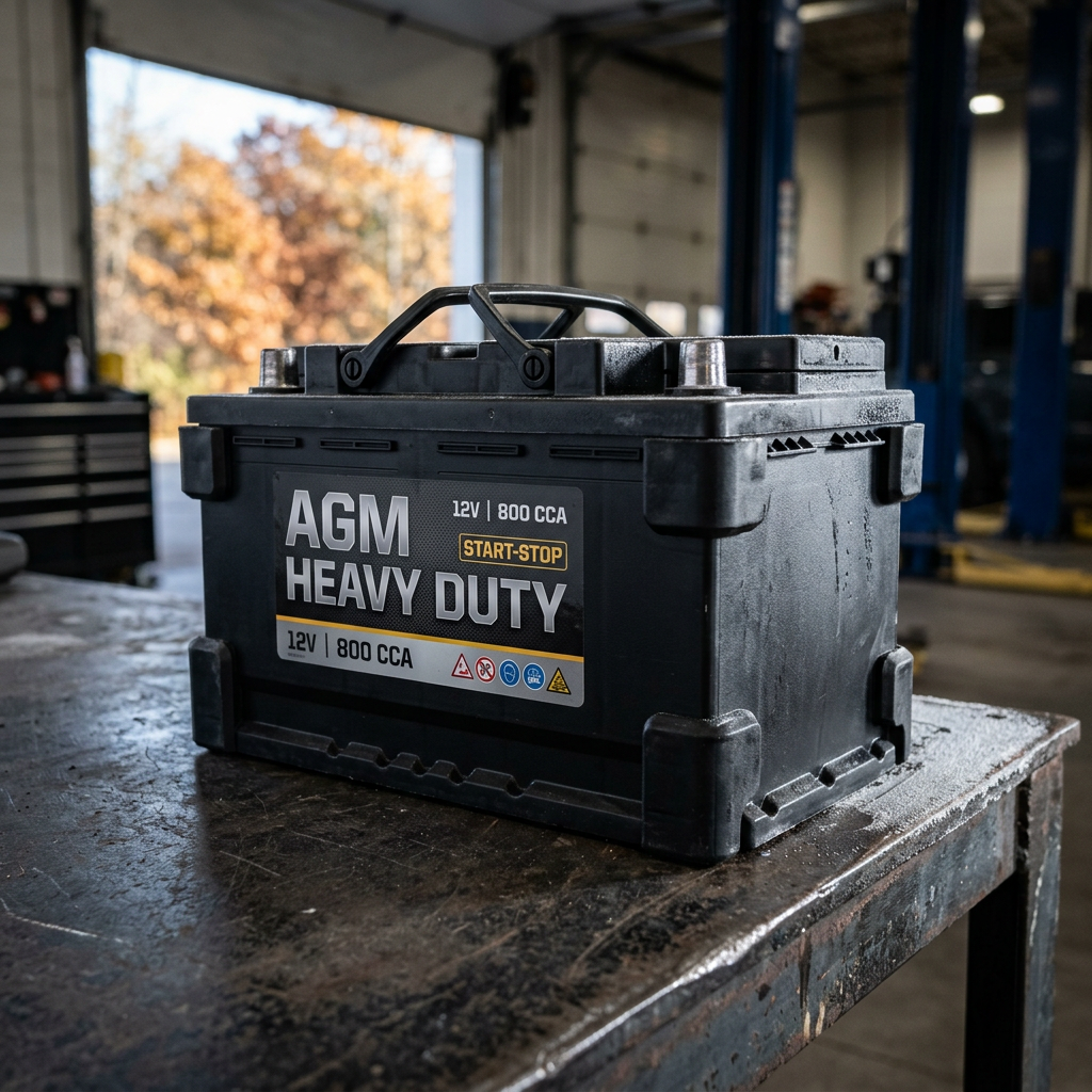 Black 12V 800 CCA AGM Heavy Duty car battery sitting on a metal workbench inside an auto repair shop. (Representative image for illustration purposes only. Actual vehicle may vary based on trim and configuration.)