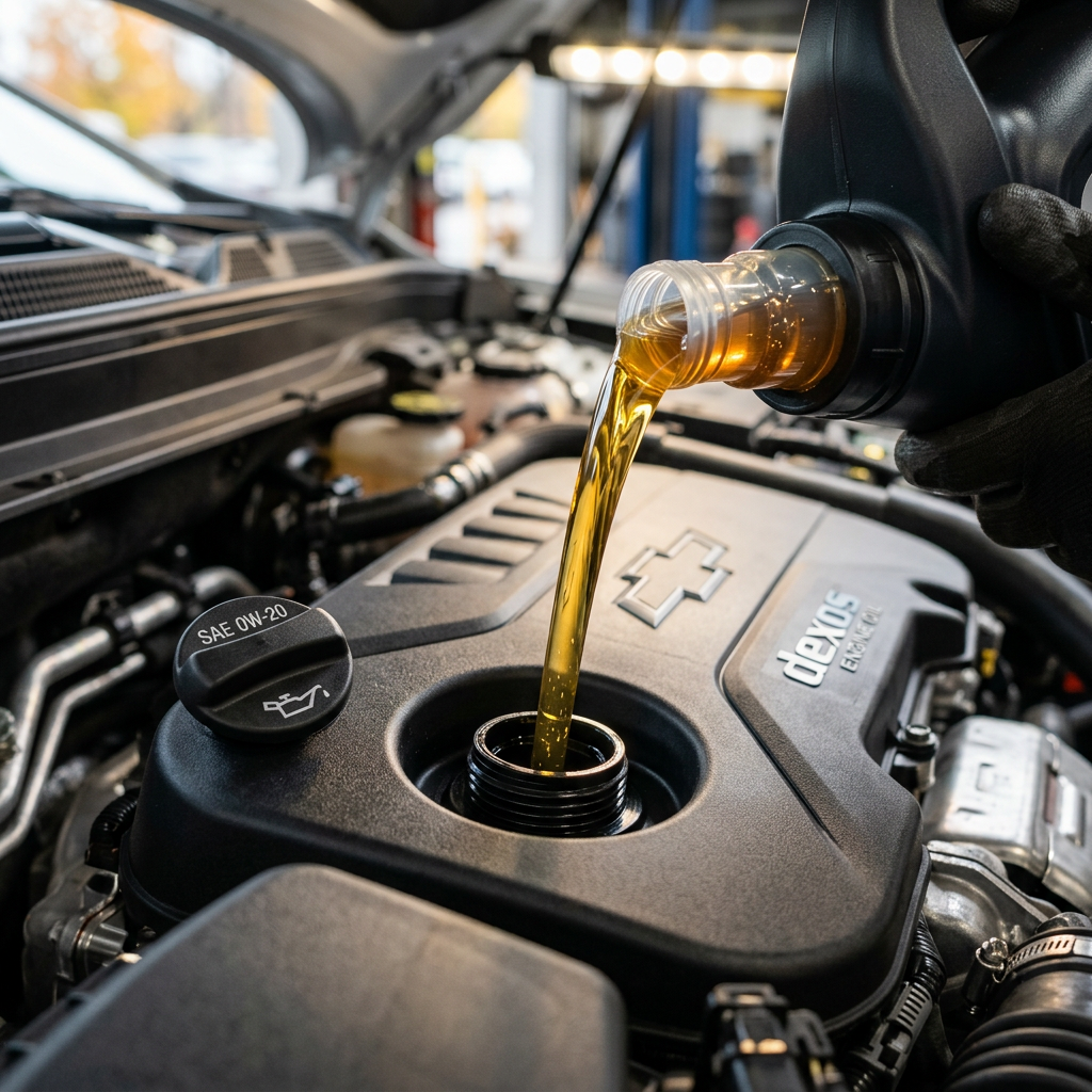 Golden engine oil being poured into the open oil filler port of a Chevrolet car engine during an oil change. (Representative image for illustration purposes only. Actual vehicle may vary based on trim and configuration.)