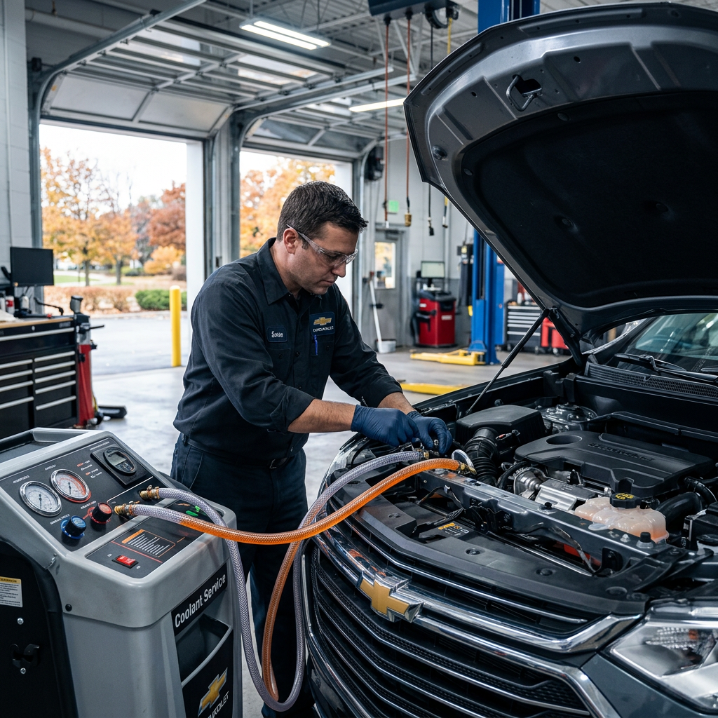 Auto technician in safety gear connecting a coolant service machine to a Chevrolet engine bay in a garage. (Representative image for illustration purposes only. Actual vehicle may vary based on trim and configuration.)