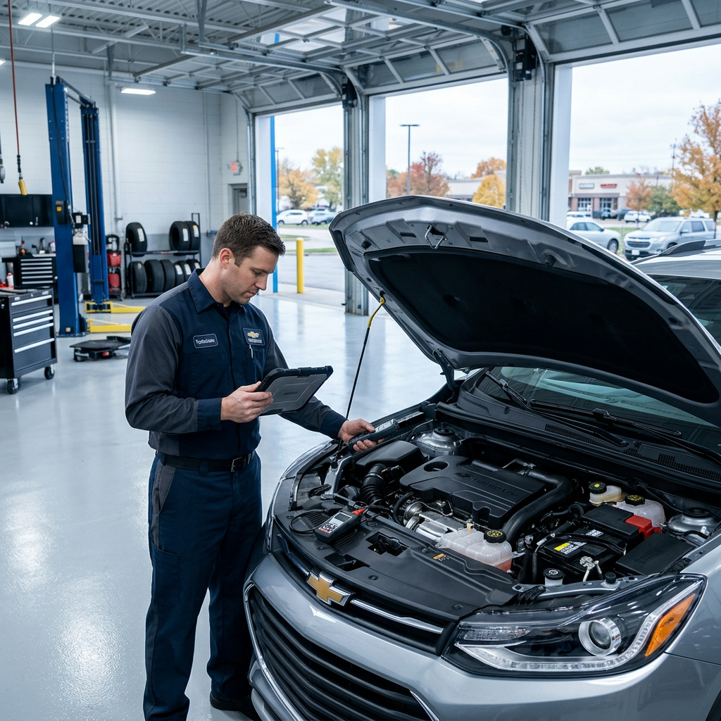 Automotive technician holding a diagnostic tablet device while inspecting a silver car's open engine bay. (Representative image for illustration purposes only. Actual vehicle may vary based on trim and configuration.)