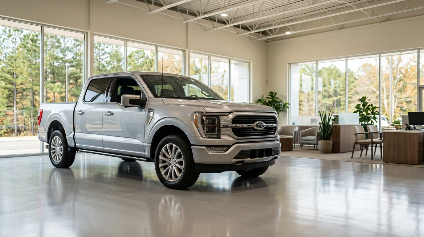 Silver Ford F-150 pickup truck parked inside a bright, modern dealership showroom with large windows. (Representative image for illustration purposes only. Actual vehicle may vary based on trim and configuration.)