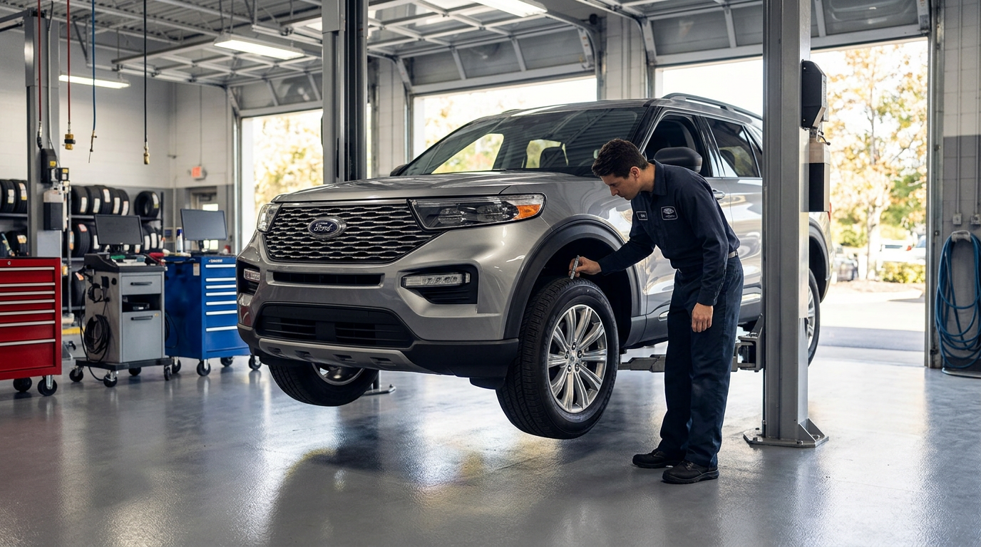 A mechanic measuring tire tread depth on a silver Ford SUV elevated on a lift inside a professional service garage. (Representative image for illustration purposes only. Actual vehicle may vary based on trim and configuration.)