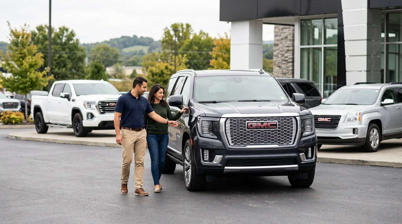 A man pointing at a dark grey GMC SUV while a woman touches the side door at a car dealership lot. (Representative image for illustration purposes only. Actual vehicle may vary based on trim and configuration.)