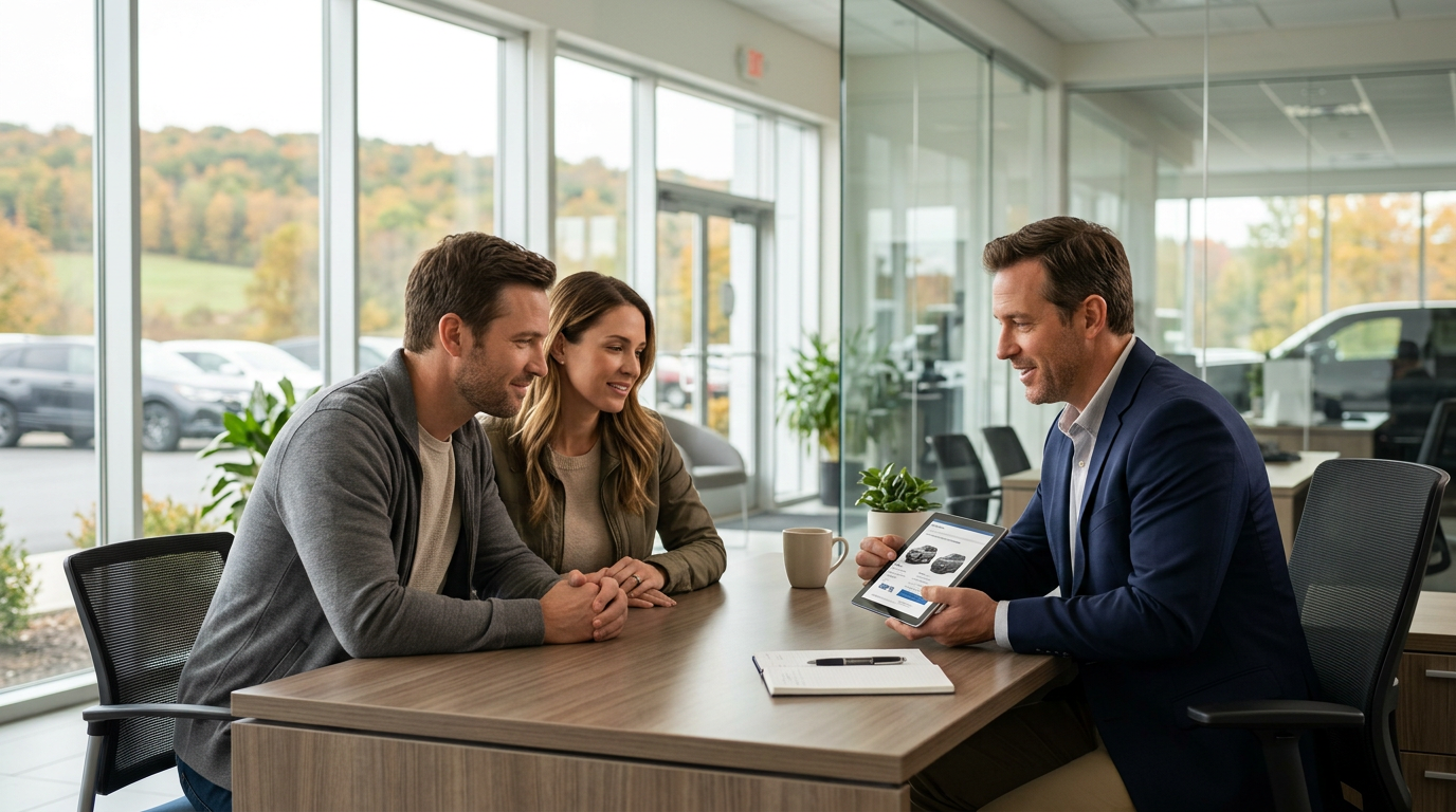 A car salesman shows vehicle options on a digital tablet to a young couple sitting at his office desk. (Representative image for illustration purposes only. Actual vehicle may vary based on trim and configuration.)