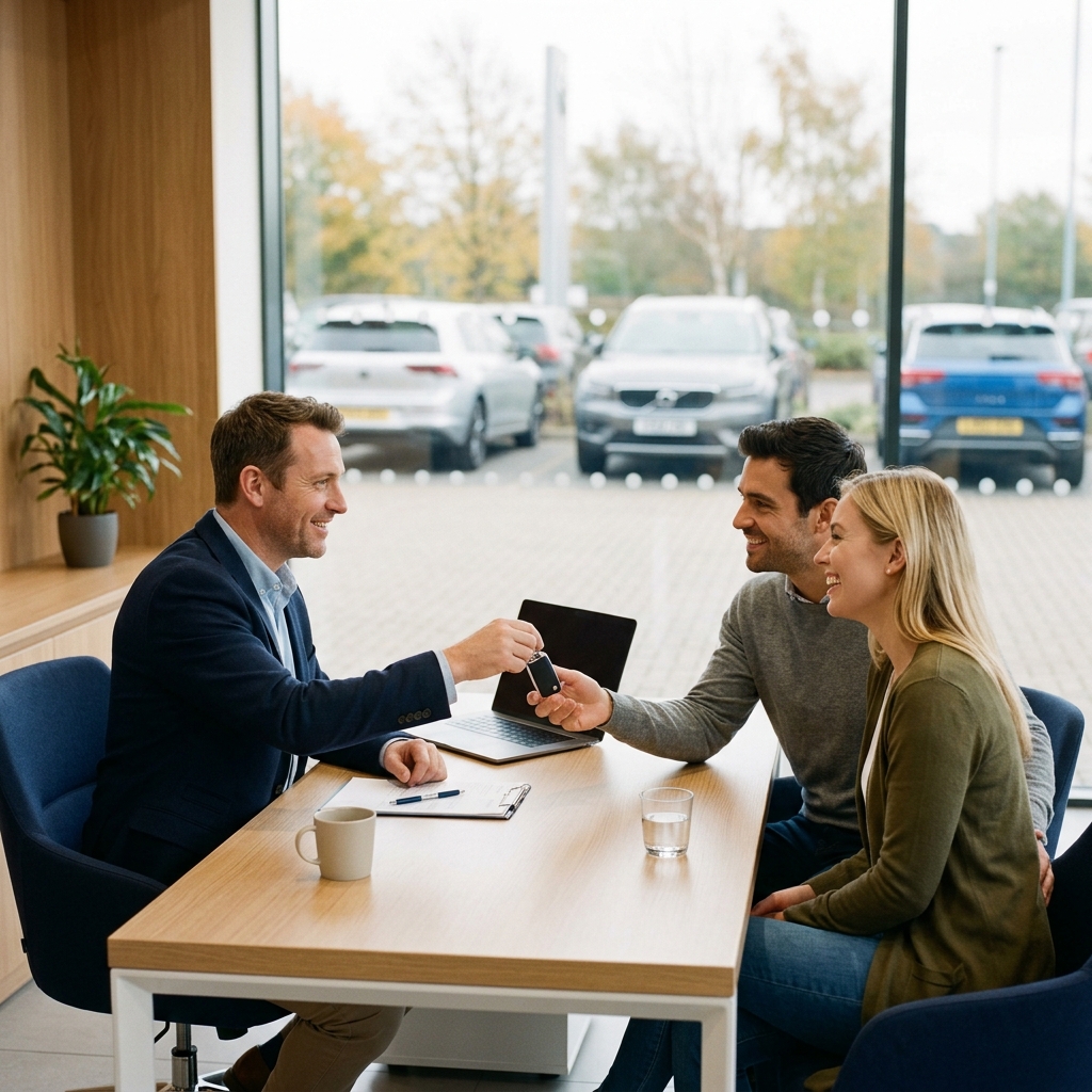 A car salesman hands keys to a smiling couple sitting across a wooden desk in a bright car dealership. (Representative image for illustration purposes only. Actual vehicle may vary based on trim and configuration.)