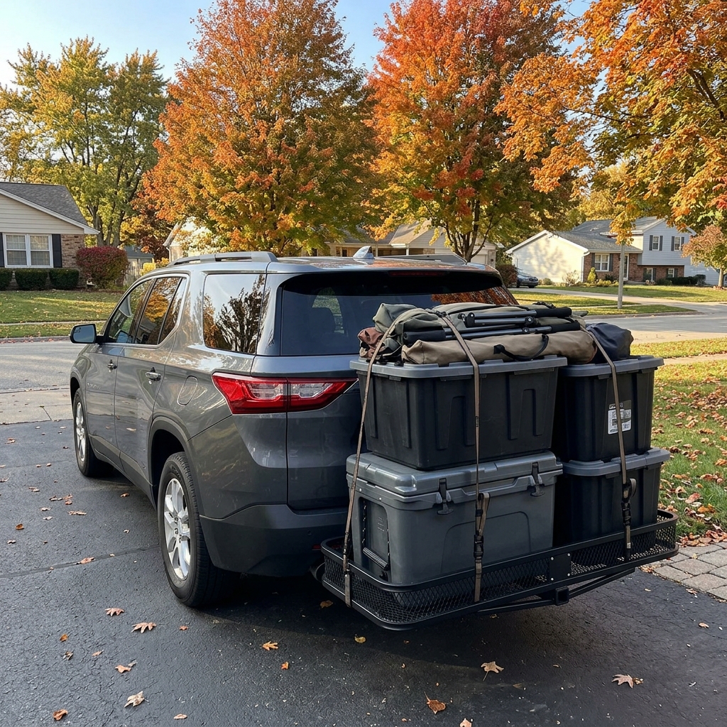 Gray SUV parked in a driveway loaded with camping gear on a rear hitch cargo carrier during autumn. (Representative image for illustration purposes only. Actual vehicle may vary based on trim and configuration.)