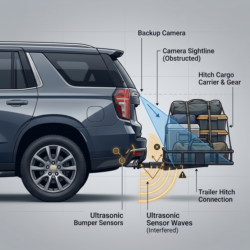 Diagram showing how a hitch cargo carrier obstructs an SUV's backup camera sightline and interferes with bumper sensors. (Representative image for illustration purposes only. Actual vehicle may vary based on trim and configuration.)