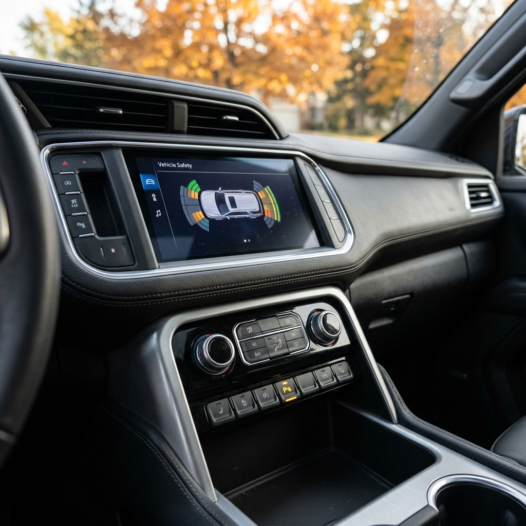 Modern vehicle dashboard with a touchscreen infotainment system displaying a parking sensor safety graphic. (Representative image for illustration purposes only. Actual vehicle may vary based on trim and configuration.)