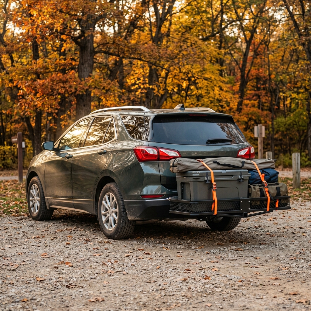 Dark green SUV parked on a gravel road in autumn woods with a loaded hitch cargo carrier secured with orange straps. (Representative image for illustration purposes only. Actual vehicle may vary based on trim and configuration.)