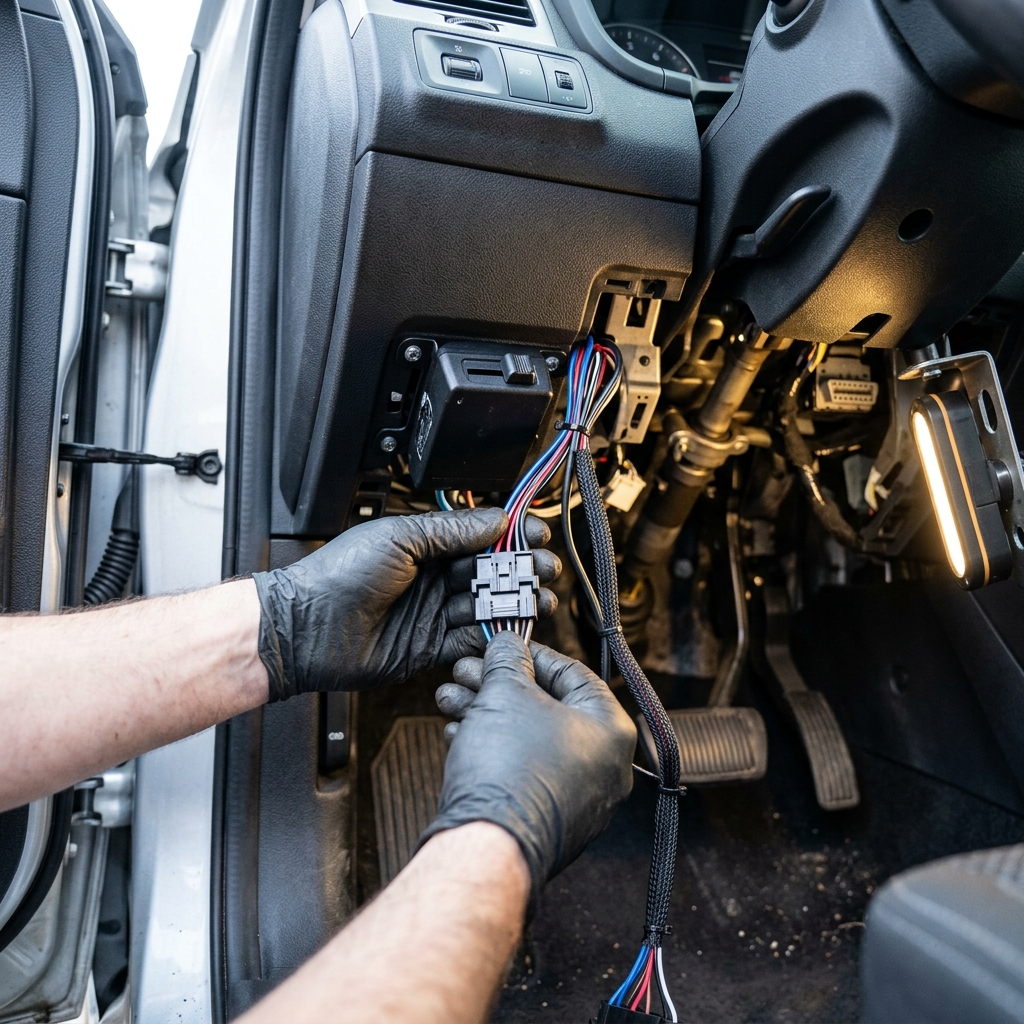 Mechanic wearing black gloves plugging a wire harness connector into an aftermarket brake controller under a car dashboard. (Representative image for illustration purposes only. Actual vehicle may vary based on trim and configuration.)
