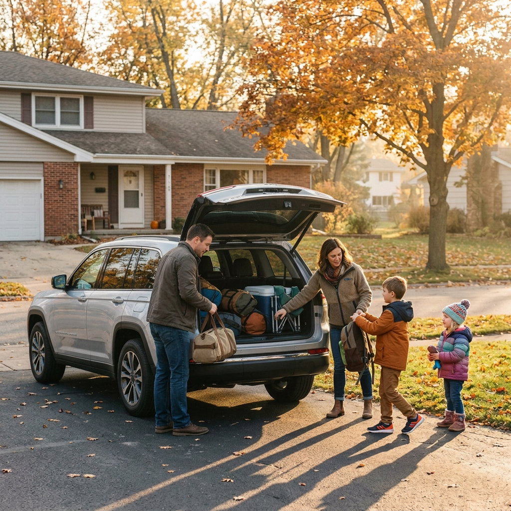 A family of four packing luggage into the back of a silver SUV in a suburban driveway during autumn. (Representative image for illustration purposes only. Actual vehicle may vary based on trim and configuration.)