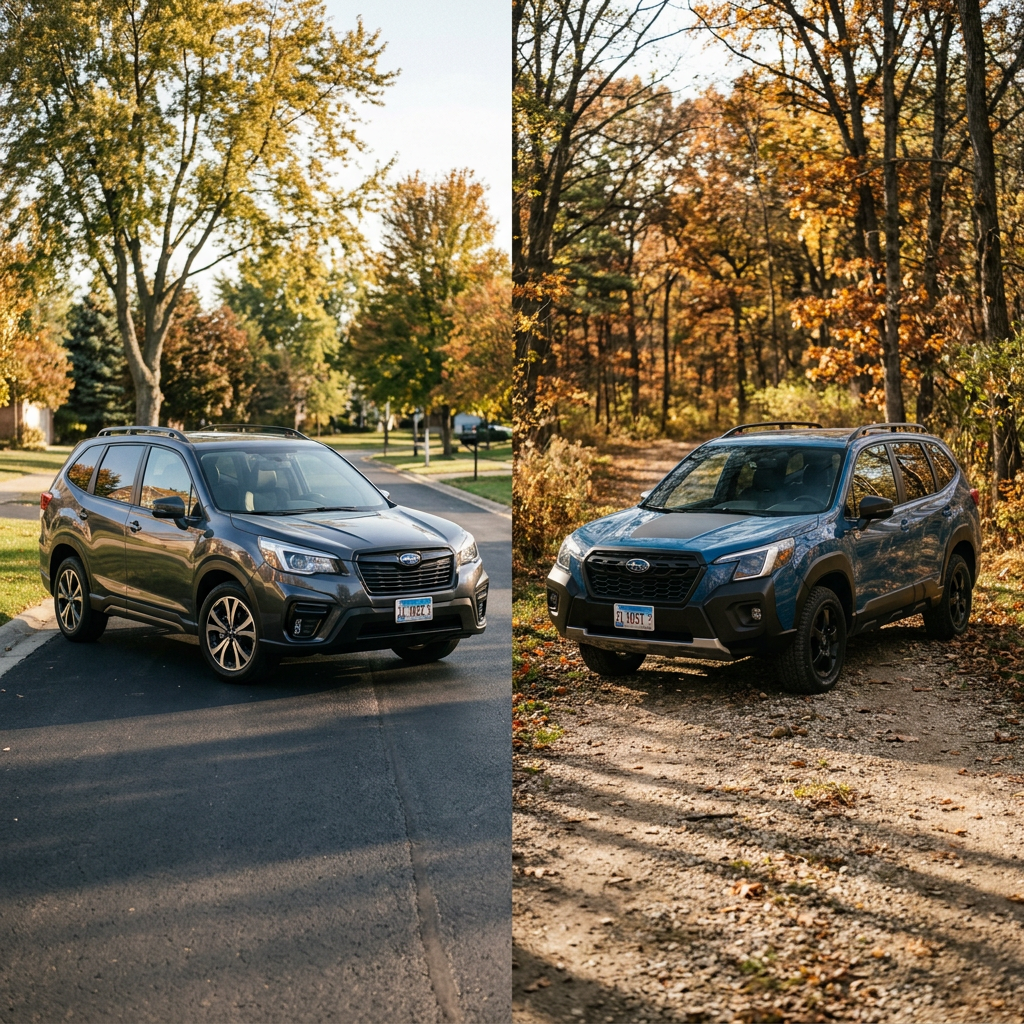 Side-by-side comparison of a gray Subaru Forester on a street and a blue Forester Wilderness on a forest trail. (Representative image for illustration purposes only. Actual vehicle may vary based on trim and configuration.)
