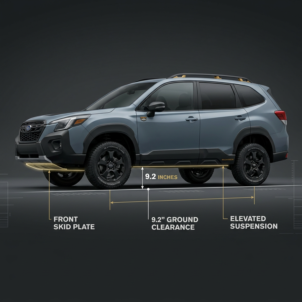 Side profile of a blue-grey Subaru Forester Wilderness highlighting its 9.2-inch ground clearance and off-road features. (Representative image for illustration purposes only. Actual vehicle may vary based on trim and configuration.)