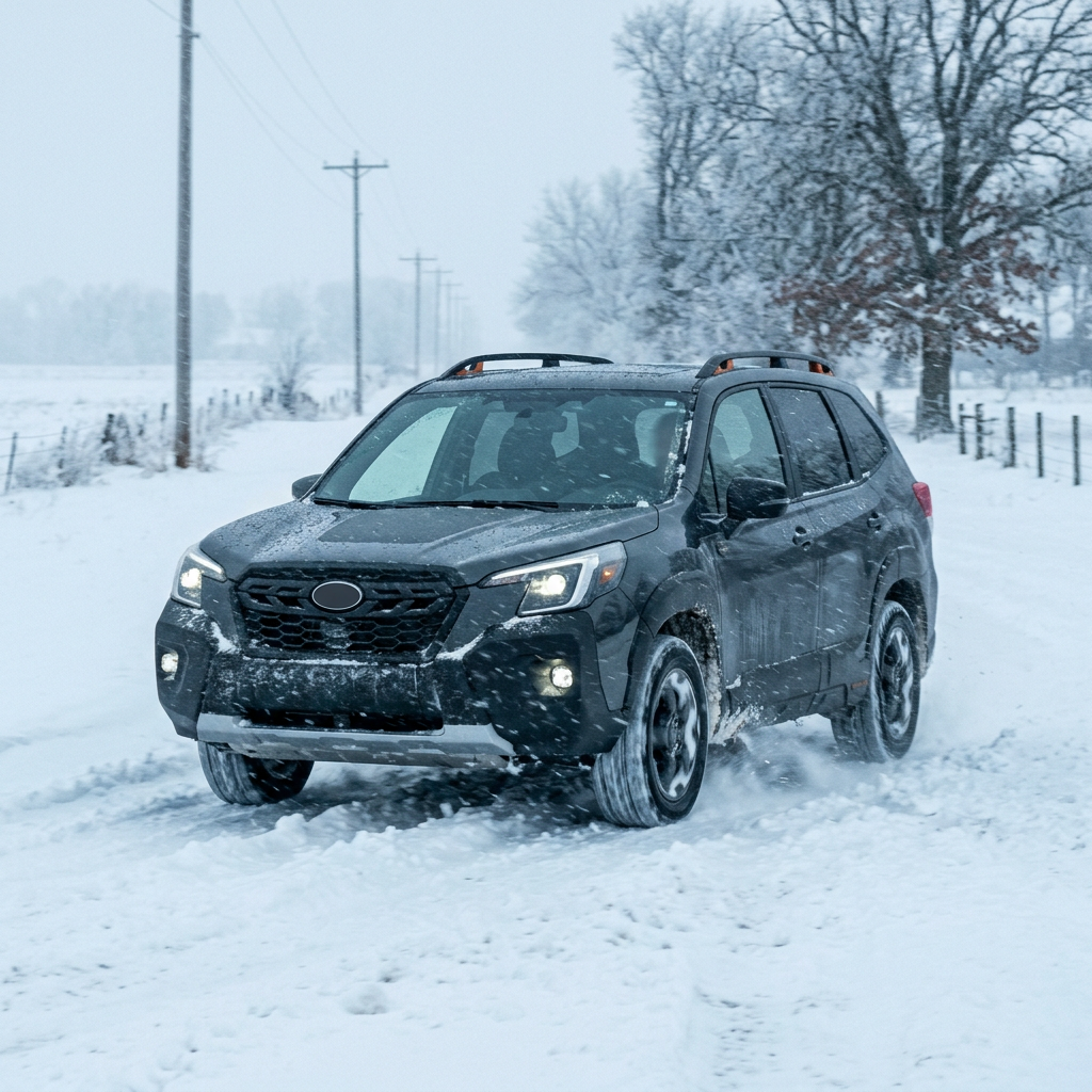 A dark grey SUV drives along a snow-covered rural road on a foggy winter day, kicking up powdery snow. (Representative image for illustration purposes only. Actual vehicle may vary based on trim and configuration.)