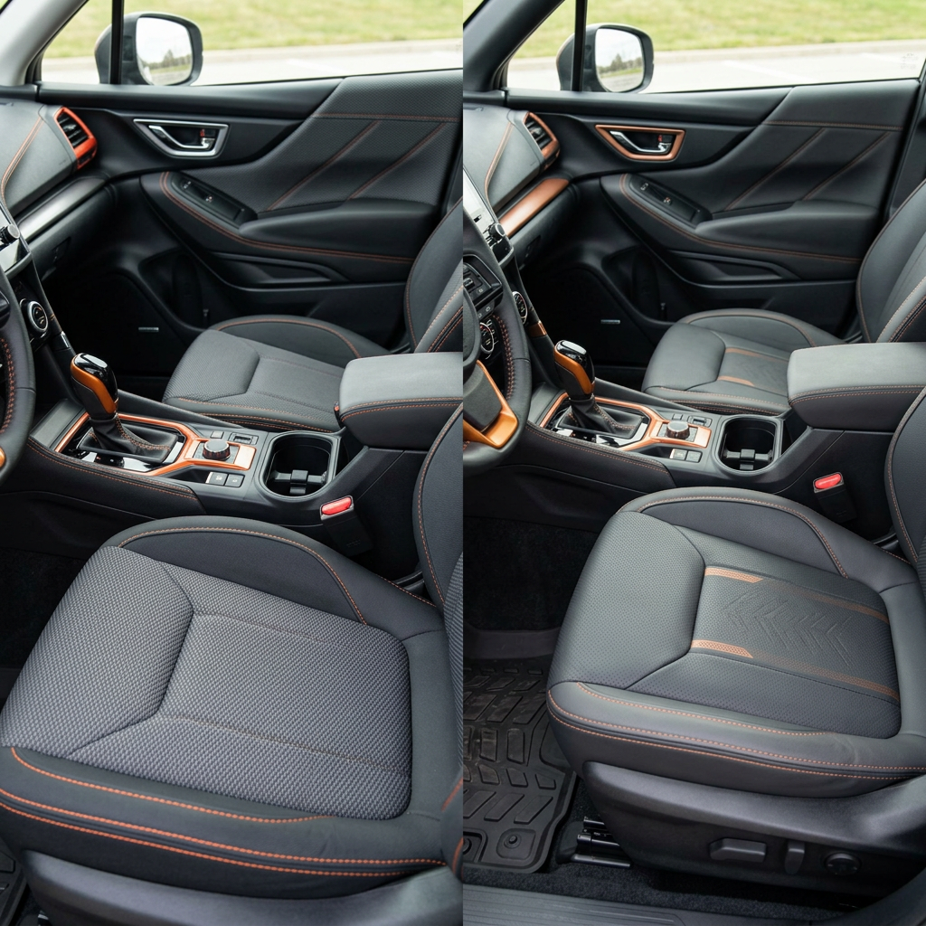 Side-by-side comparison of a car interior with textured fabric seats on the left and black leather seats on the right. (Representative image for illustration purposes only. Actual vehicle may vary based on trim and configuration.)