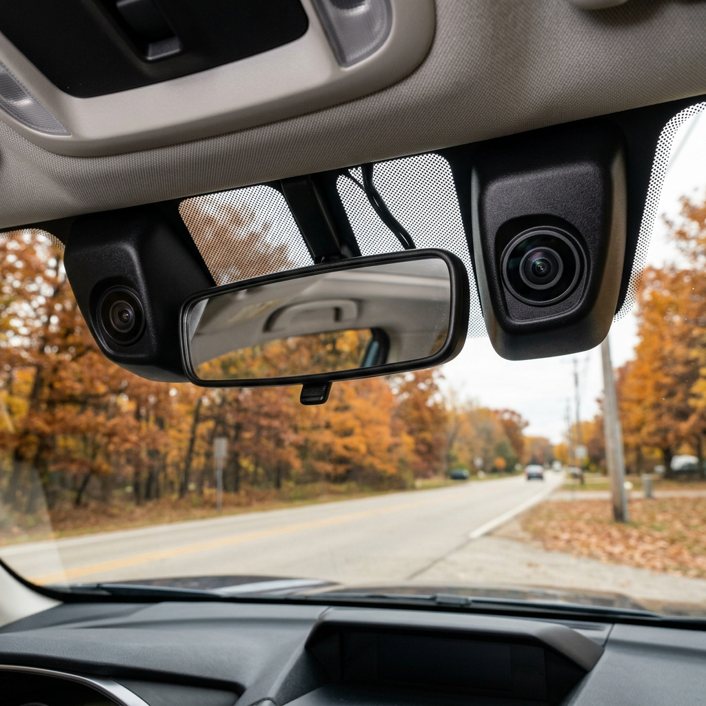 Inside view of a car windshield featuring dual driver-assist cameras flanking the rearview mirror on an autumn road. (Representative image for illustration purposes only. Actual vehicle may vary based on trim and configuration.)
