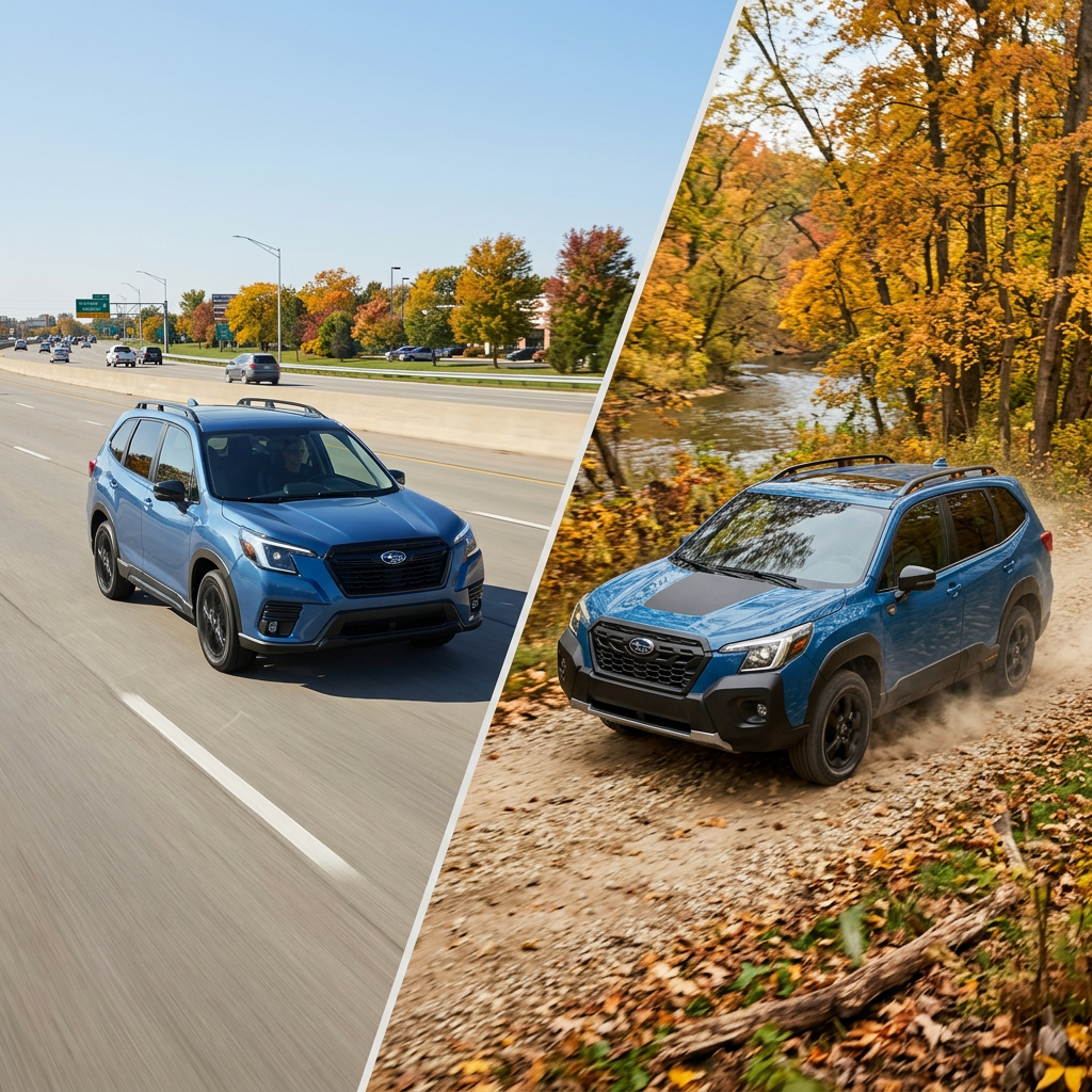 Split image of a blue Subaru Forester driving on a highway and an off-road dirt path. (Representative image for illustration purposes only. Actual vehicle may vary based on trim and configuration.)