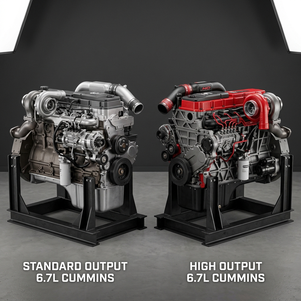 Side-by-side comparison of a standard output and a high output 6.7L Cummins diesel engine on display stands. (Representative image for illustration purposes only. Actual vehicle may vary based on trim and configuration.)