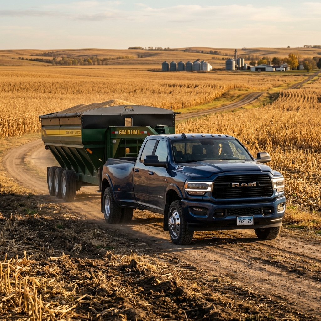 Dark blue Ram dually pickup truck towing a green grain cart filled with harvest along a dirt farm road. (Representative image for illustration purposes only. Actual vehicle may vary based on trim and configuration.)
