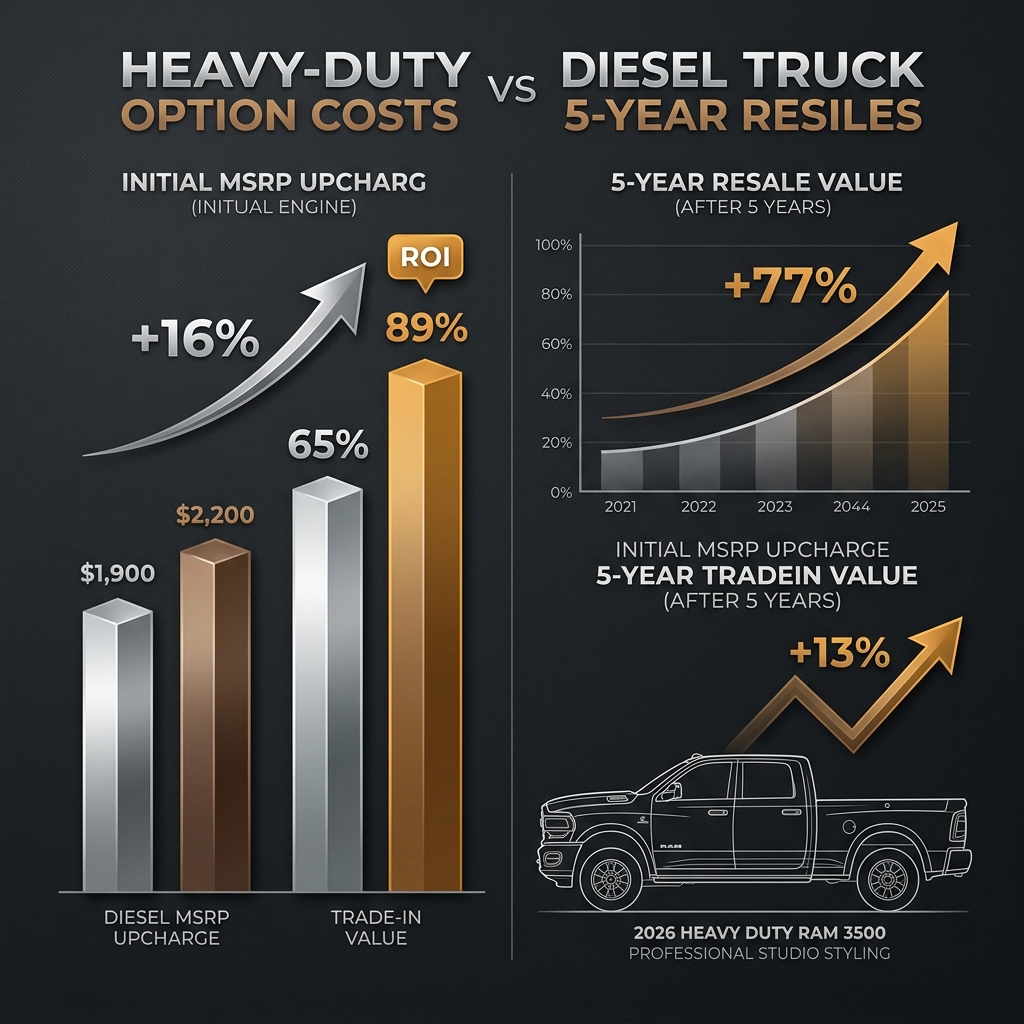 Infographic comparing initial MSRP upcharges, trade-in values, and 5-year resale rates for heavy-duty diesel trucks. (Representative image for illustration purposes only. Actual vehicle may vary based on trim and configuration.)
