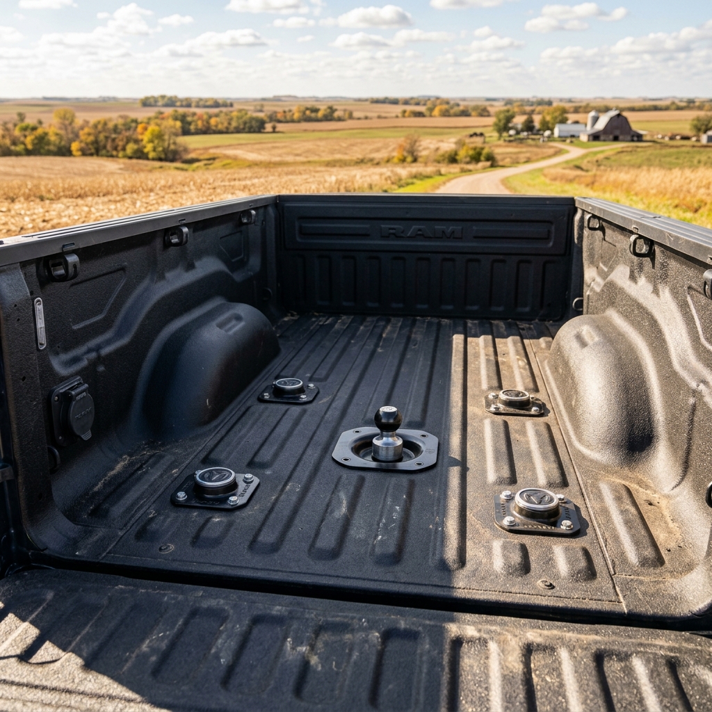 Gooseneck hitch ball and fifth-wheel puck system installed in a RAM pickup truck bed parked on a rural road. (Representative image for illustration purposes only. Actual vehicle may vary based on trim and configuration.)