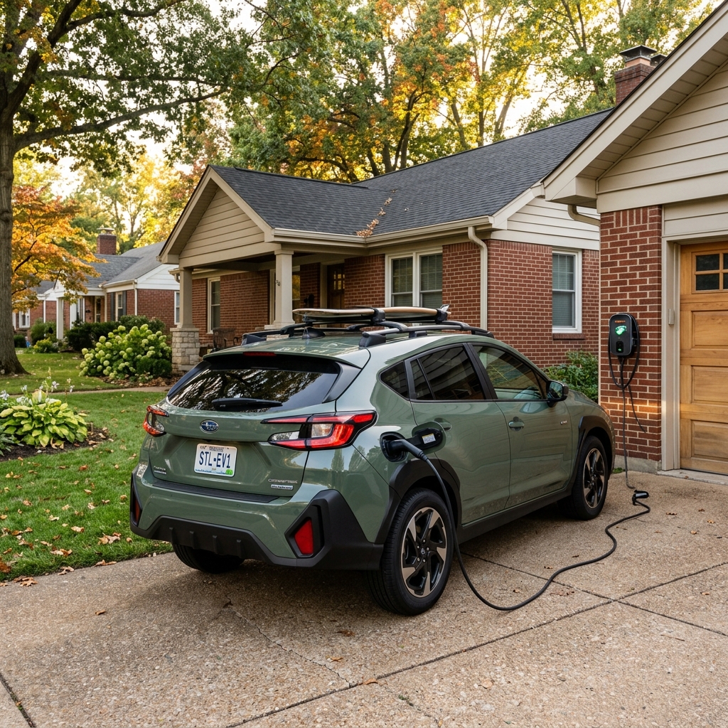A sage green electric Subaru car charging in a suburban driveway with a surfboard on its roof rack. (Representative image for illustration purposes only. Actual vehicle may vary based on trim and configuration.)