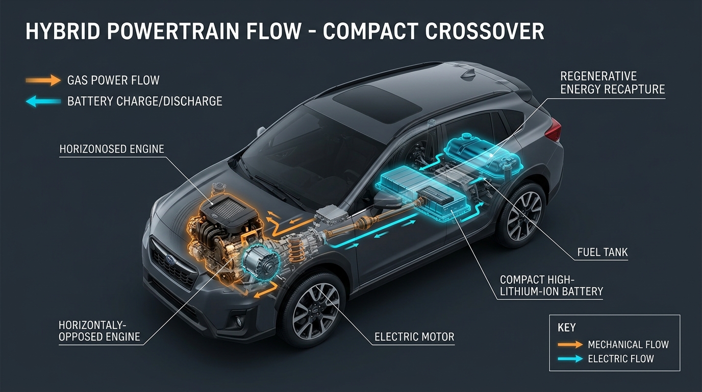 Cutaway graphic of a compact crossover showing the hybrid powertrain flow between engine, electric motor, and battery. (Representative image for illustration purposes only. Actual vehicle may vary based on trim and configuration.)