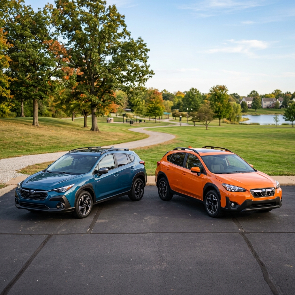 A teal blue Subaru Crosstrek and a bright orange Subaru Crosstrek parked side-by-side near a park. (Representative image for illustration purposes only. Actual vehicle may vary based on trim and configuration.)