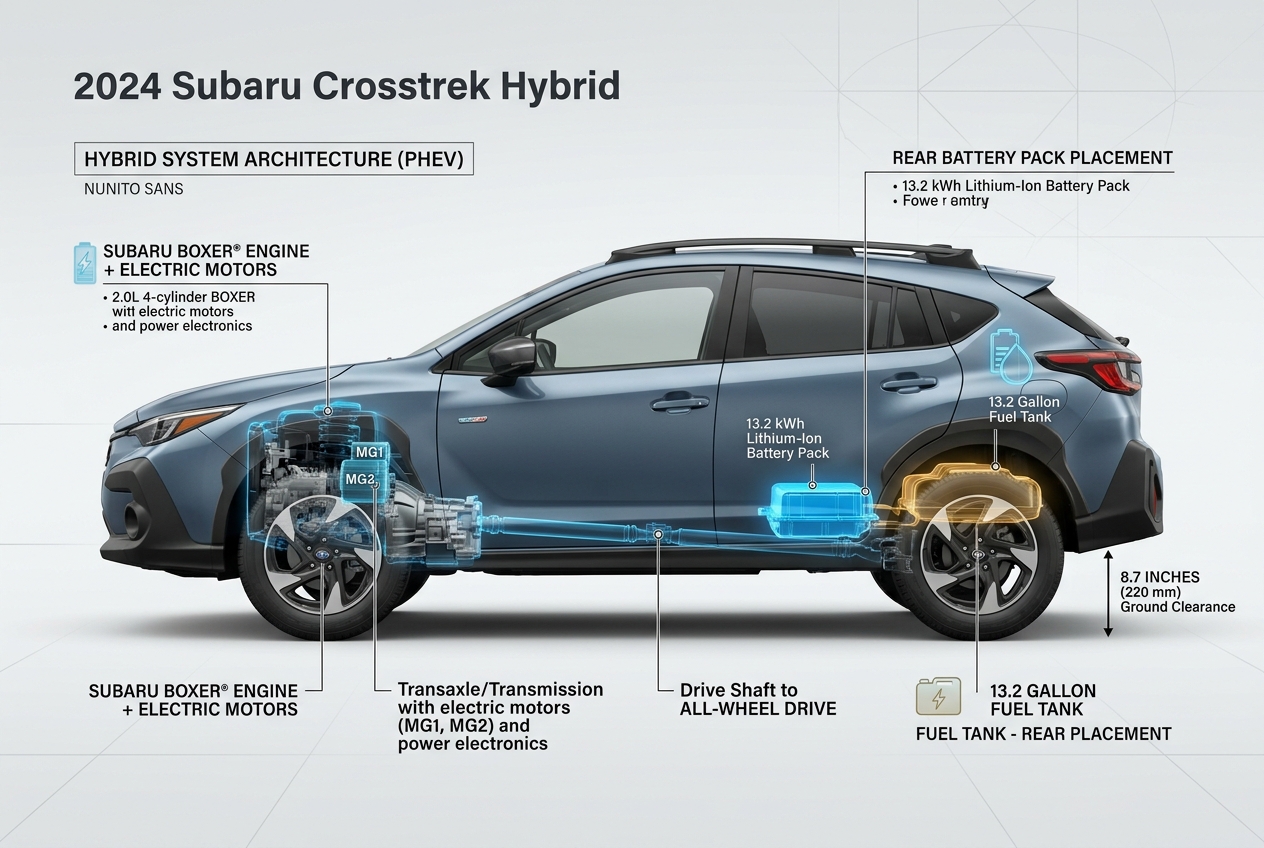 Diagram showing the hybrid powertrain and component layout of a 2024 Subaru Crosstrek Hybrid. (Representative image for illustration purposes only. Actual vehicle may vary based on trim and configuration.)