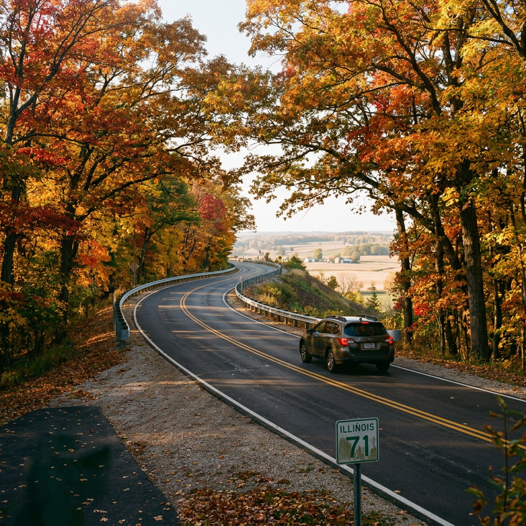 Car driving along a winding road framed by vibrant fall foliage with an Illinois Route 71 sign in the foreground. (Representative image for illustration purposes only. Actual vehicle may vary based on trim and configuration.)