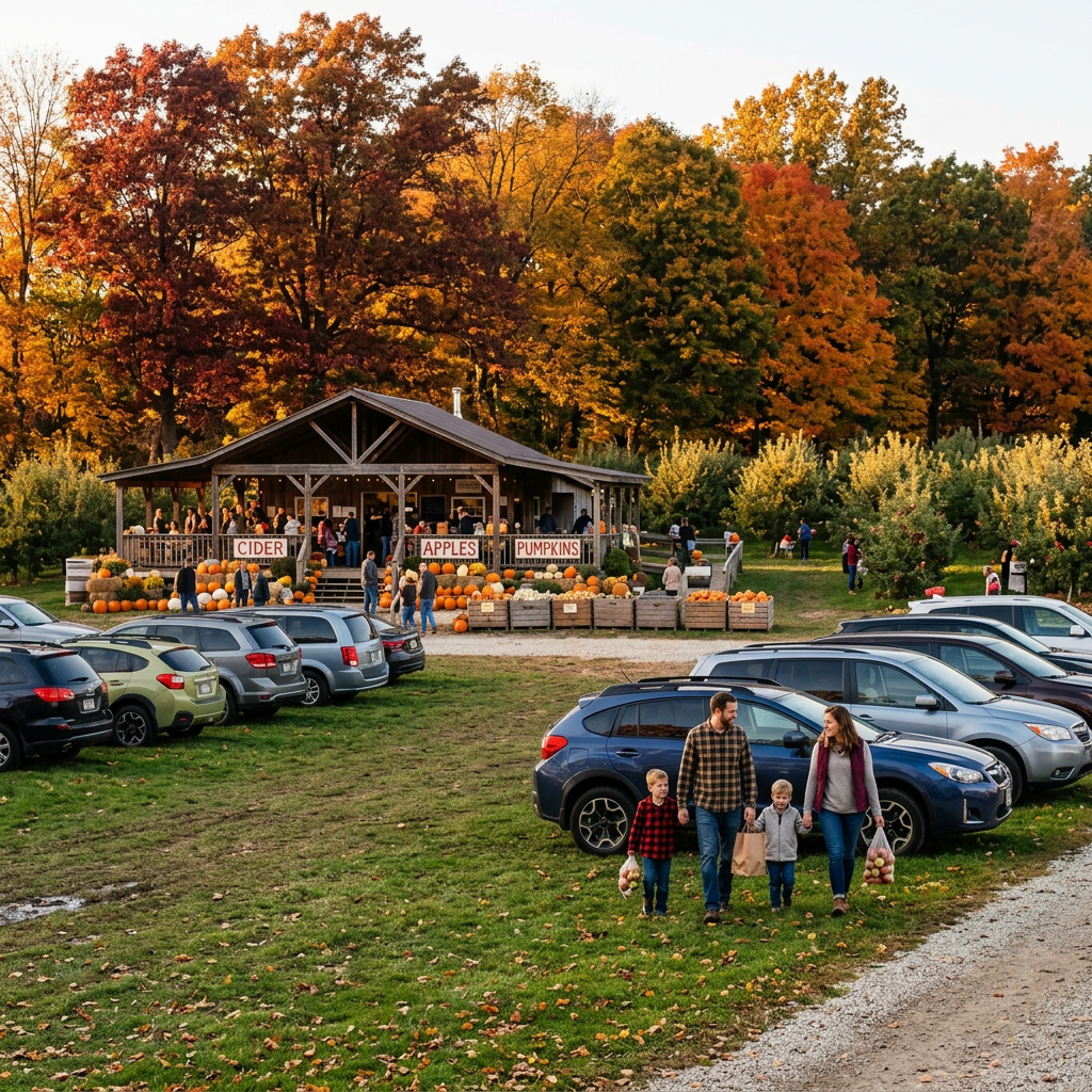 A family walks across a grassy lot at an apple orchard with a rustic cider barn and fall foliage in the background. (Representative image for illustration purposes only. Actual vehicle may vary based on trim and configuration.)