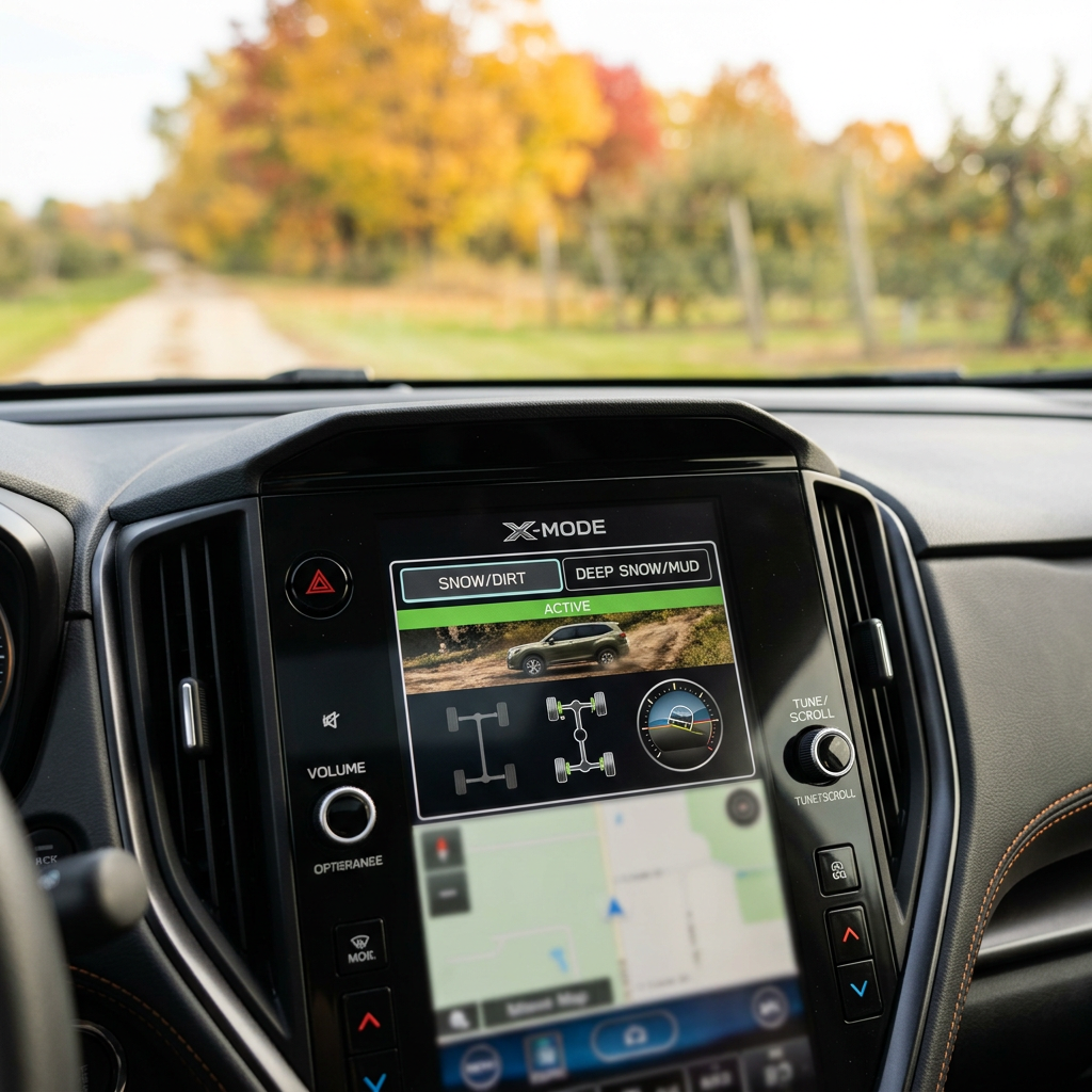 Subaru center console screen showing X-MODE Snow/Dirt mode active with an autumn road visible through the windshield. (Representative image for illustration purposes only. Actual vehicle may vary based on trim and configuration.)