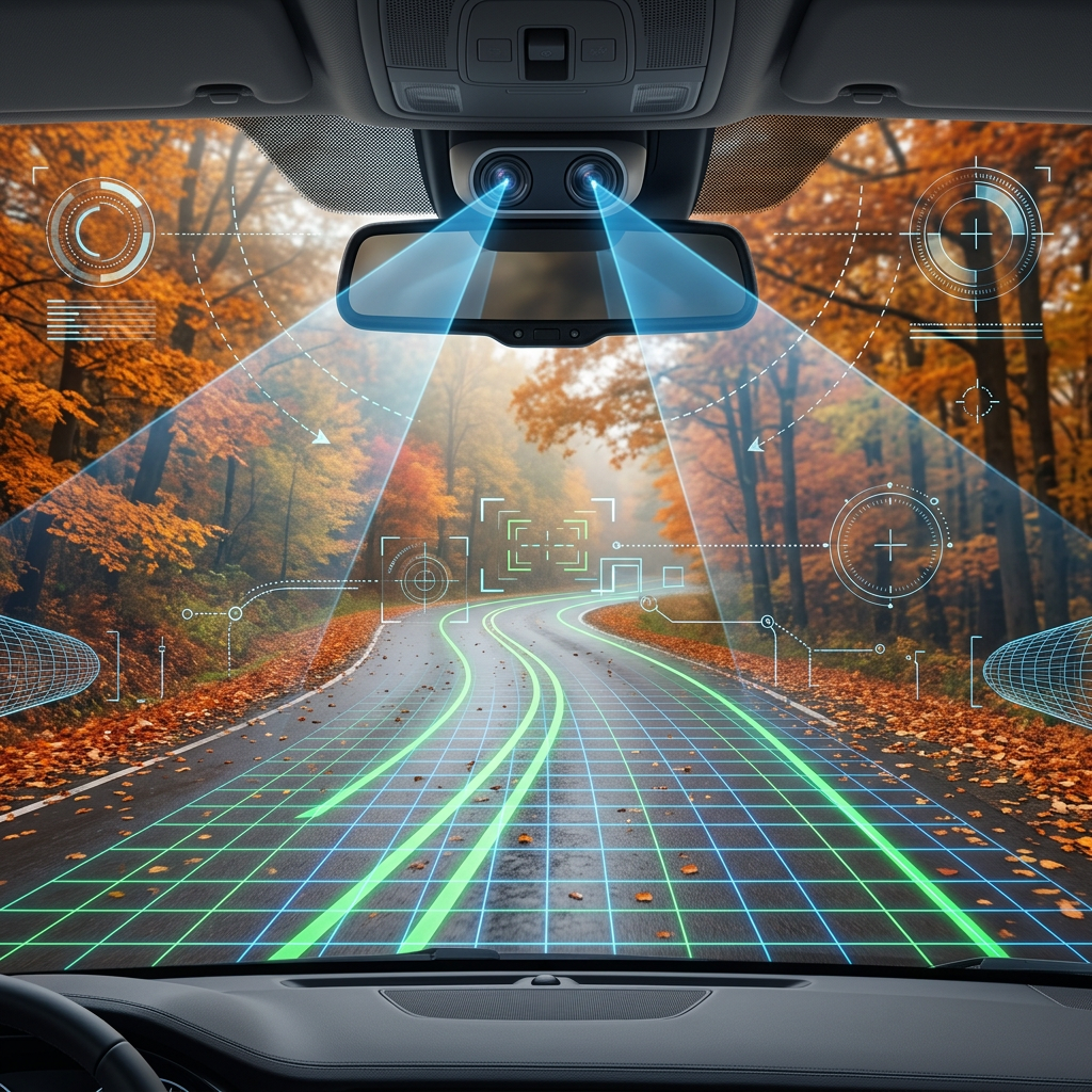 Driver's view of an autonomous car scanning an autumn forest road with a futuristic HUD and blue sensor light beams. (Representative image for illustration purposes only. Actual vehicle may vary based on trim and configuration.)