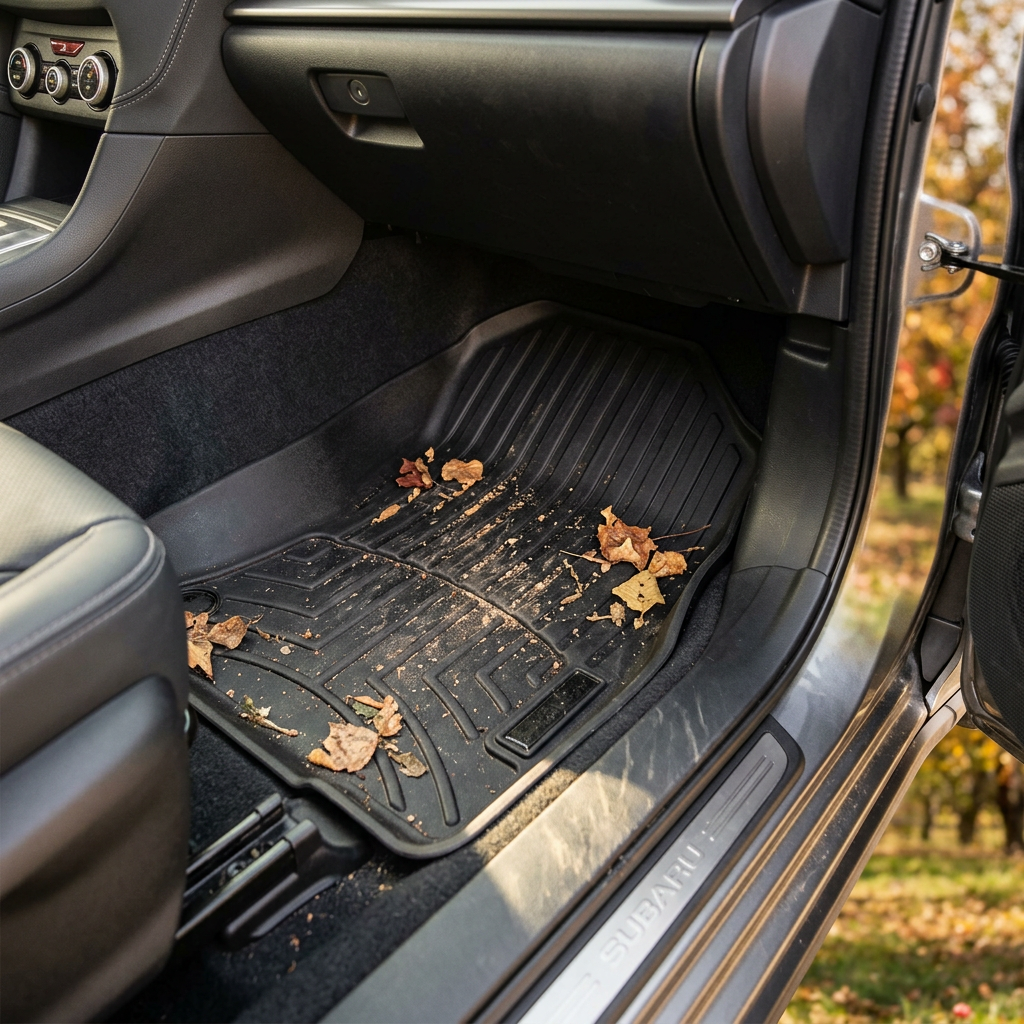 Dirty black all-weather floor mat covered in autumn leaves inside a Subaru passenger footwell. (Representative image for illustration purposes only. Actual vehicle may vary based on trim and configuration.)