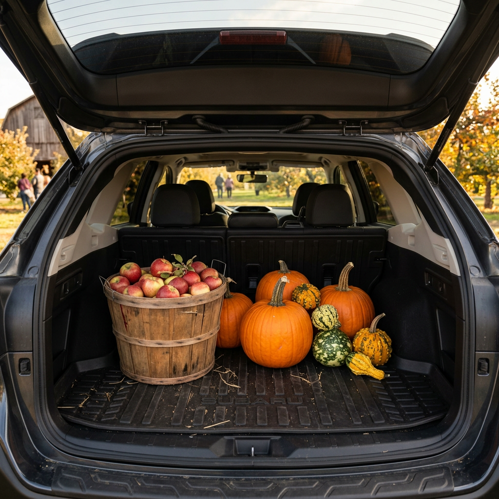 Open SUV trunk filled with a wooden bushel of apples, bright orange pumpkins, and decorative autumn gourds. (Representative image for illustration purposes only. Actual vehicle may vary based on trim and configuration.)