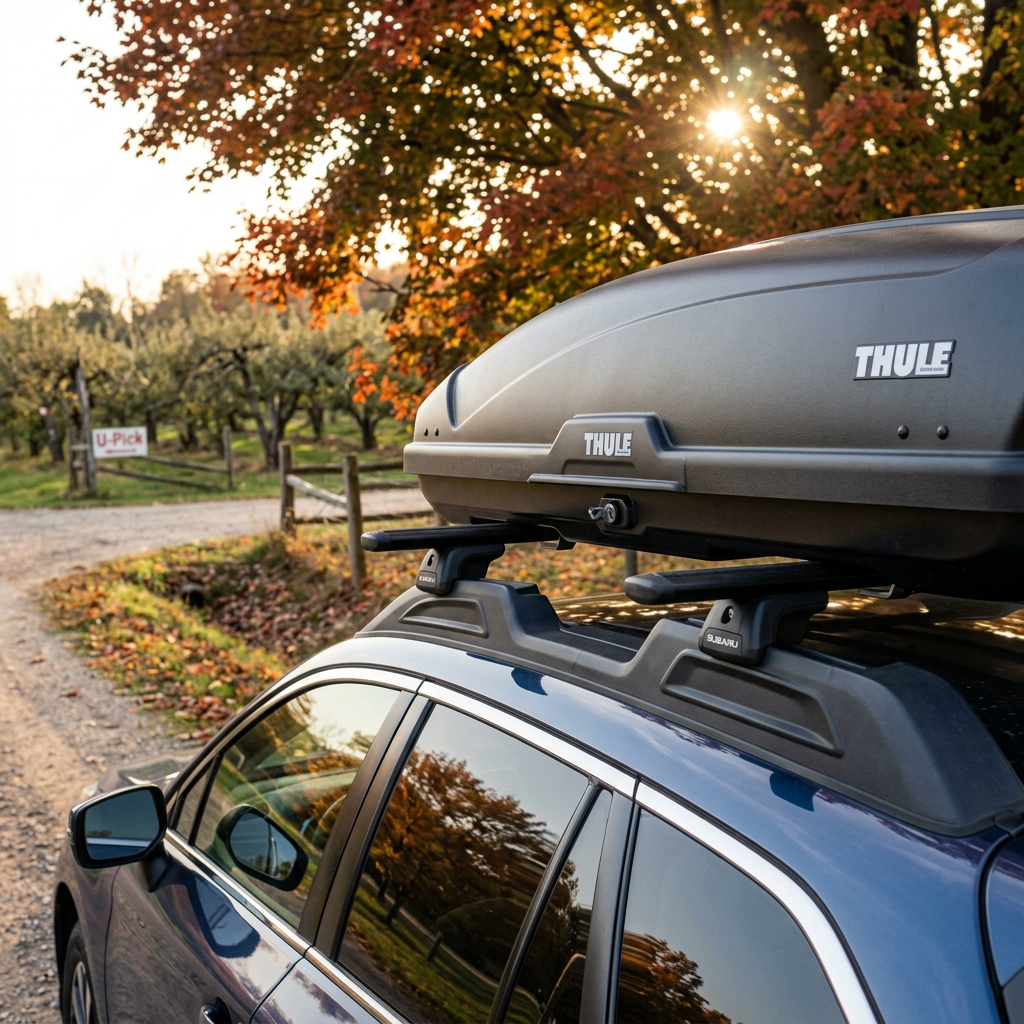 Matte black Thule cargo box mounted on a blue Subaru in an autumn orchard with sun filtering through fall foliage. (Representative image for illustration purposes only. Actual vehicle may vary based on trim and configuration.)