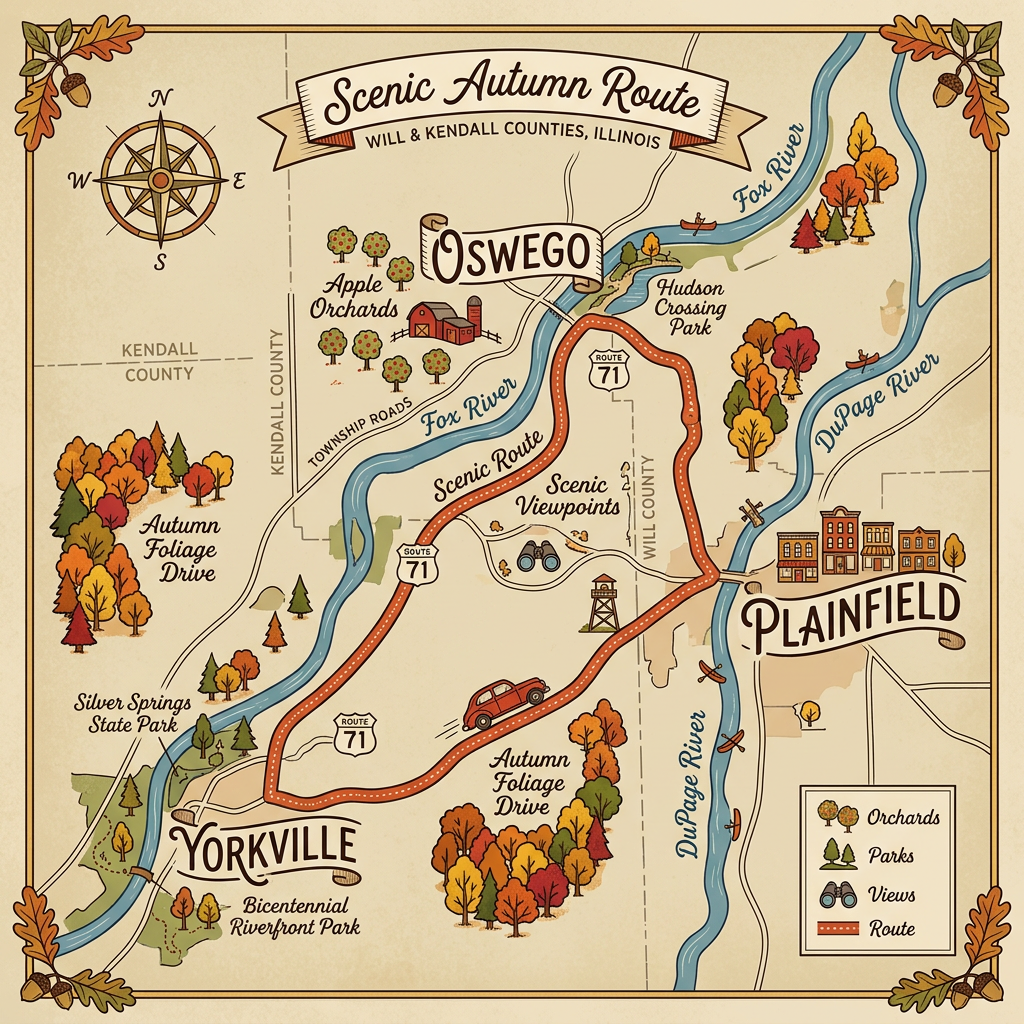 Illustrated map of the Scenic Autumn Route connecting Oswego, Yorkville, and Plainfield in Illinois. (Representative image for illustration purposes only. Actual vehicle may vary based on trim and configuration.)