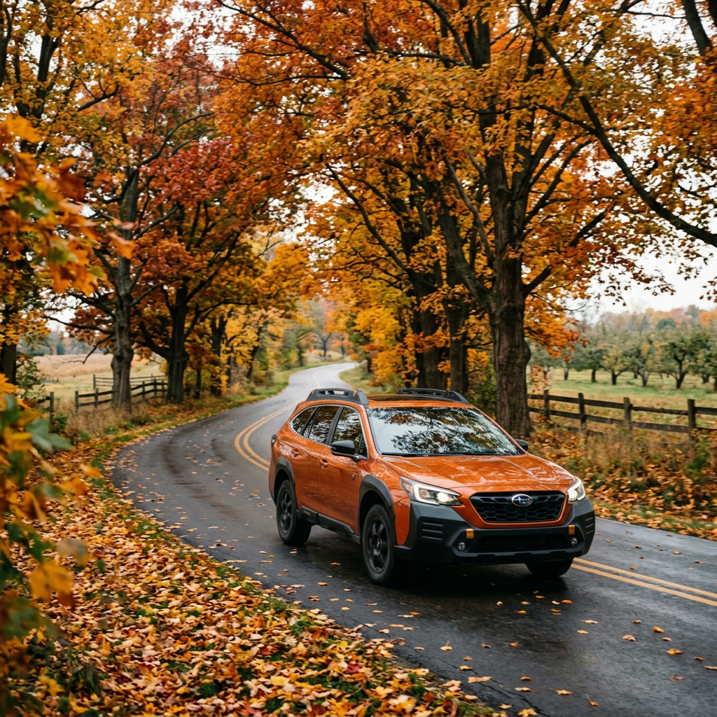 An orange Subaru SUV driving along a winding road surrounded by vibrant autumn foliage and fallen leaves. (Representative image for illustration purposes only. Actual vehicle may vary based on trim and configuration.)