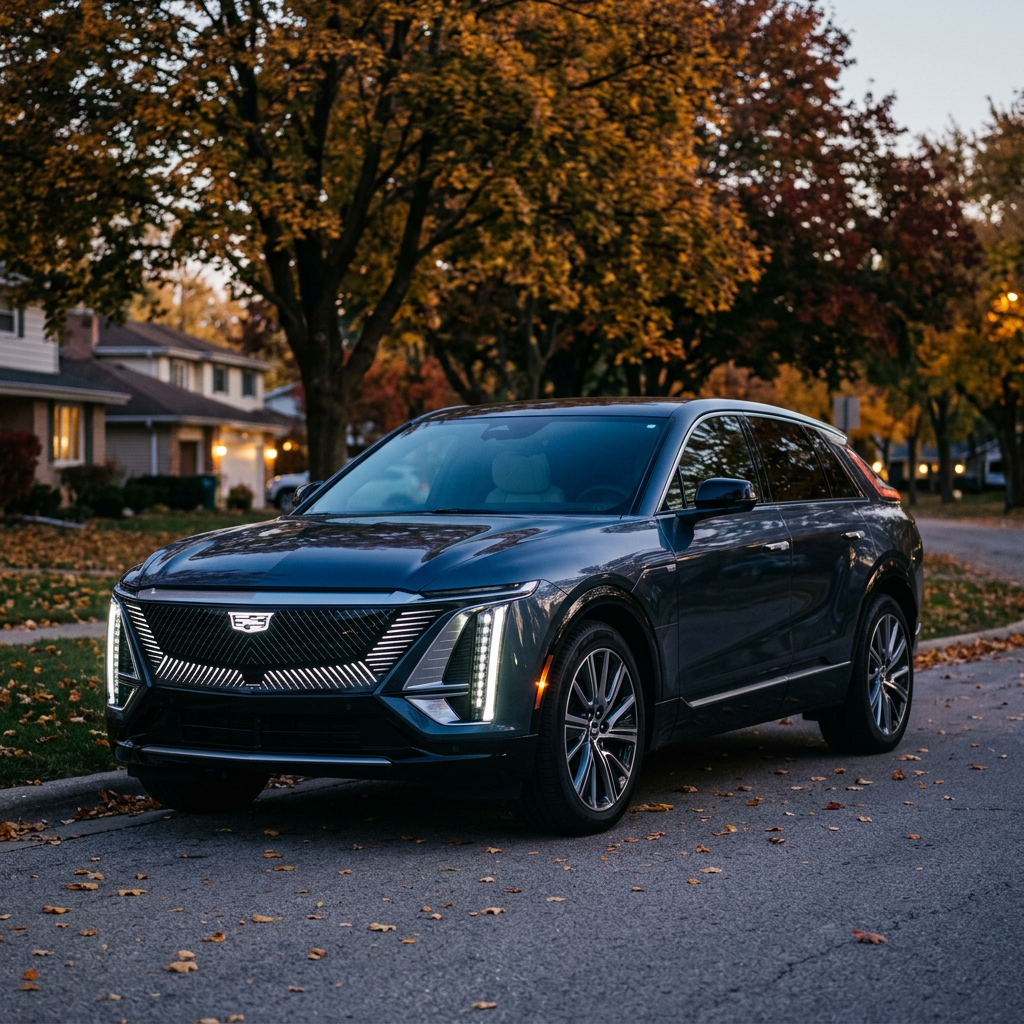 A dark blue Cadillac Lyriq electric SUV parked on a suburban street covered in autumn leaves at dusk. (Representative image for illustration purposes only. Actual vehicle may vary based on trim and configuration.)