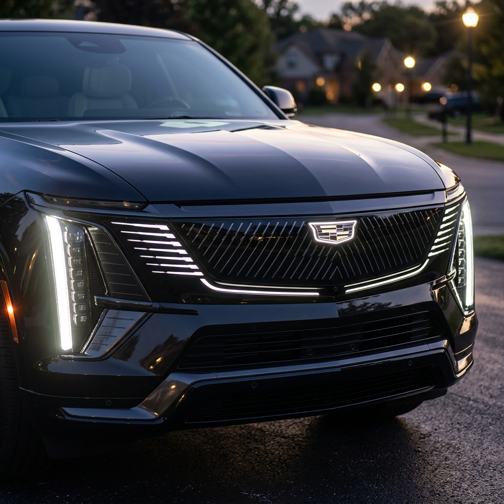 Front view of a black Cadillac electric SUV featuring an illuminated grille crest and LED headlights at dusk. (Representative image for illustration purposes only. Actual vehicle may vary based on trim and configuration.)